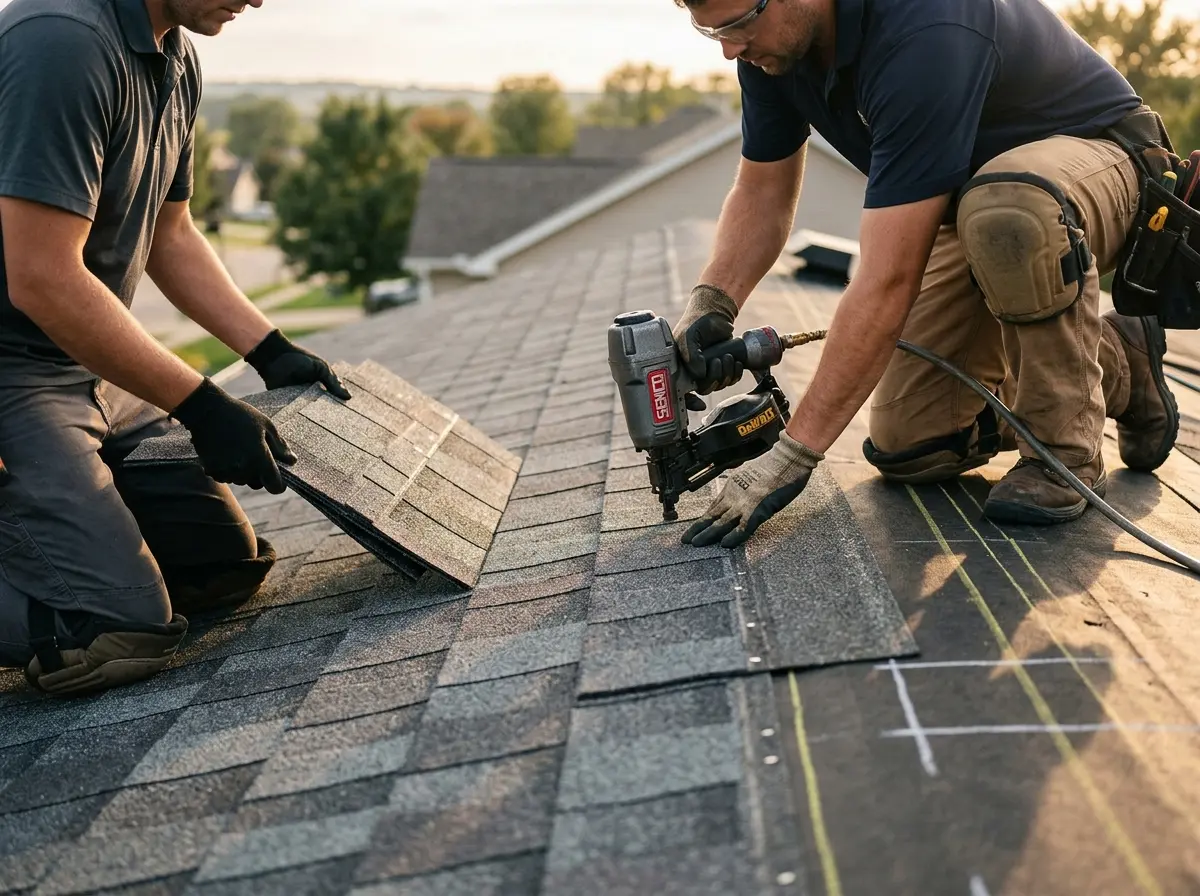 Professional roofer working on a residential roof in Immokalee